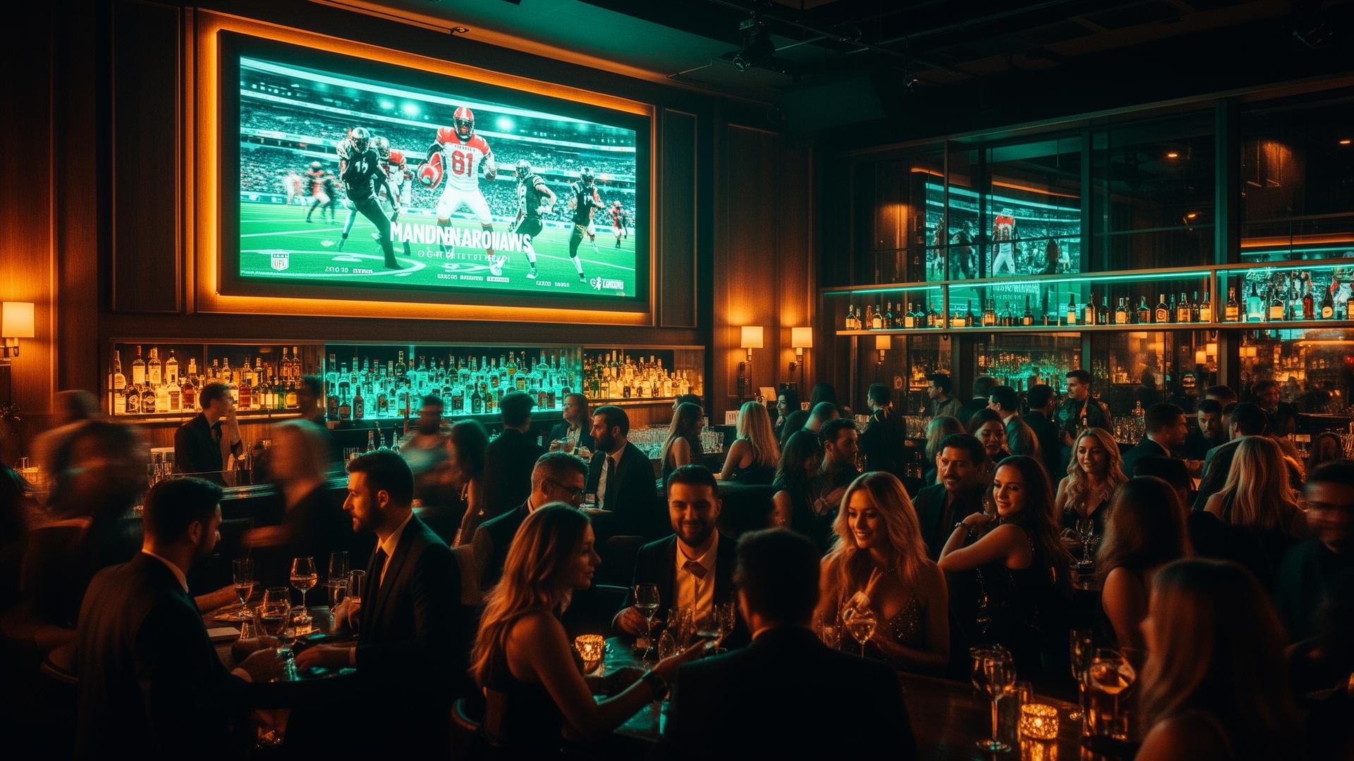 Digital advertising screen glowing in a premium sports bar